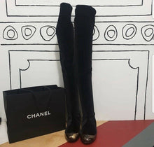 Load image into Gallery viewer, Chanel  Black Velvet Brooch Over Knee Flat Boots Sz. 38 - LuxyBrand
