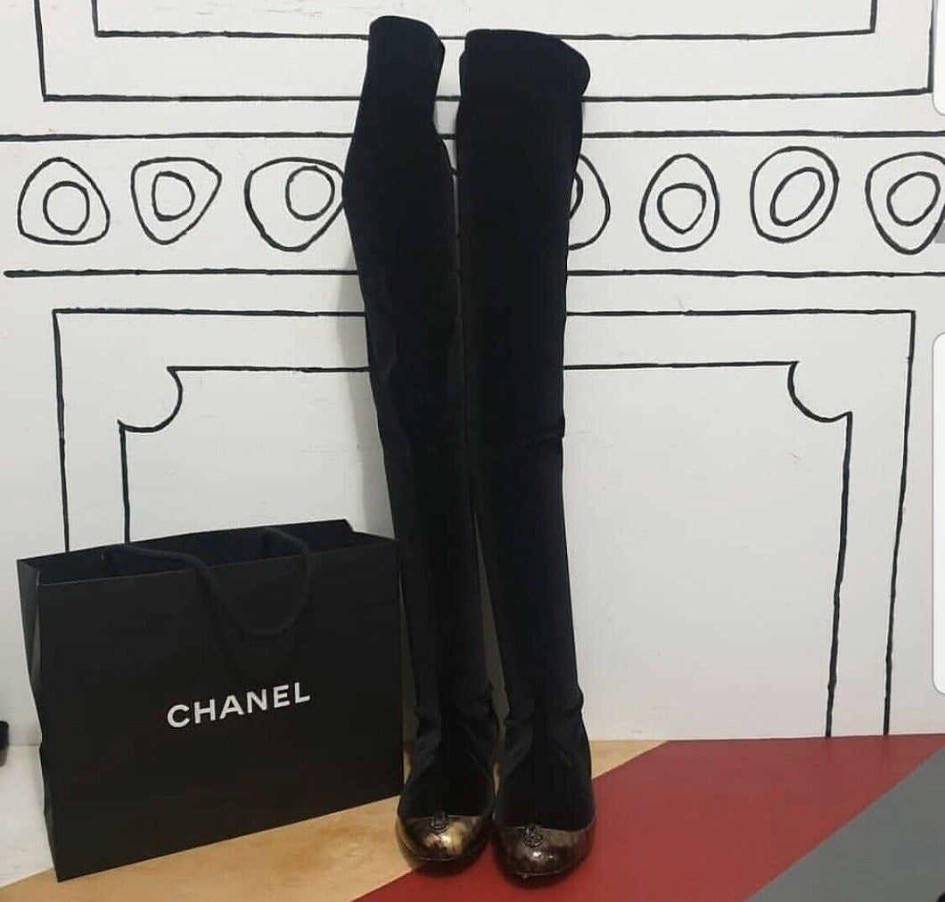 Chanel  Black Velvet Brooch Over Knee Flat Boots Sz. 38 - LuxyBrand