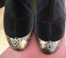 Load image into Gallery viewer, Chanel  Black Velvet Brooch Over Knee Flat Boots Sz. 38 - LuxyBrand
