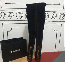 Load image into Gallery viewer, Chanel  Black Velvet Brooch Over Knee Flat Boots Sz. 38 - LuxyBrand
