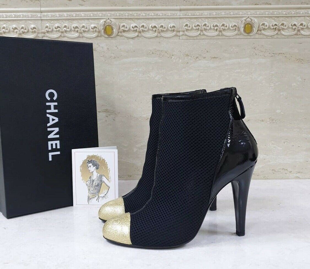 Chanel Black Textile Patent  Leather Logo Ankle Boots Booties Sz. 39 - LuxyBrand