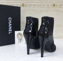 Load image into Gallery viewer, Chanel Black Textile Patent  Leather Logo Ankle Boots Booties Sz. 39 - LuxyBrand
