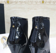 Load image into Gallery viewer, Chanel Black Textile Patent  Leather Logo Ankle Boots Booties Sz. 39 - LuxyBrand
