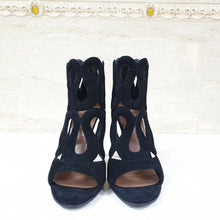 Load image into Gallery viewer, ALAIA Cut Out Wave Black Suede Sandals Heels Open Toe Sz. 38,5 - LuxyBrand
