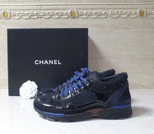 Load image into Gallery viewer, CHANEL CC LOGO Black Patent Leather Tweed  Sneakers Sz.38
