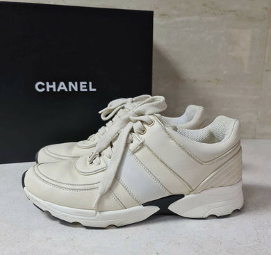 CHANEL Ivory Leather Satin Sneakers Sz.38 - LuxyBrand