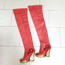 Load image into Gallery viewer, Chanel  Paris Moscow Red Leather Over Knee Wadge Boots Sz. 37,5 - LuxyBrand
