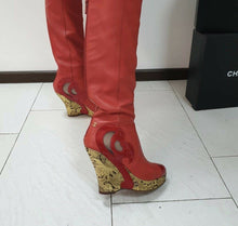 Load image into Gallery viewer, Chanel  Paris Moscow Red Leather Over Knee Wadge Boots Sz. 37,5 - LuxyBrand
