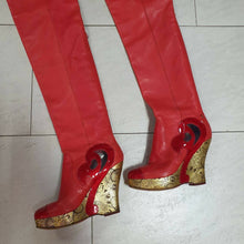 Load image into Gallery viewer, Chanel  Paris Moscow Red Leather Over Knee Wadge Boots Sz. 37,5 - LuxyBrand
