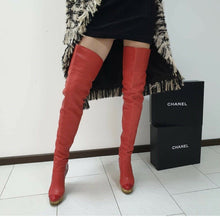 Load image into Gallery viewer, Chanel  Paris Moscow Red Leather Over Knee Wadge Boots Sz. 37,5 - LuxyBrand
