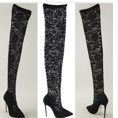 Dolce & Gabbana Floral Lace Over the knee Boots - LuxyBrand