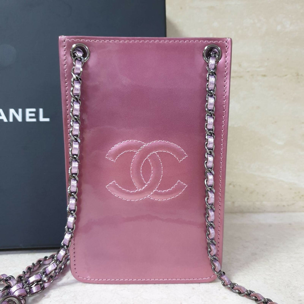 Chanel Pink Patent Leather CC Phone Holder Crossbody Bag - LuxyBrand