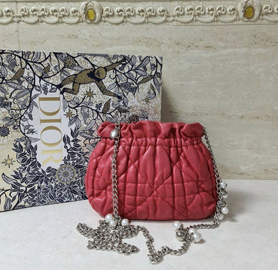 Dior Red Cannage Leather Limited Edition Faux Pearl Chain Bag - LuxyBrand