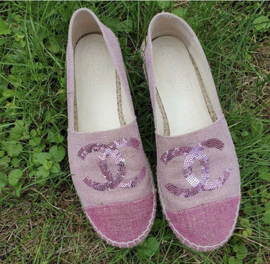 Chanel Pink Canvas CC Logo Espadrilles Sz 38 - LuxyBrand