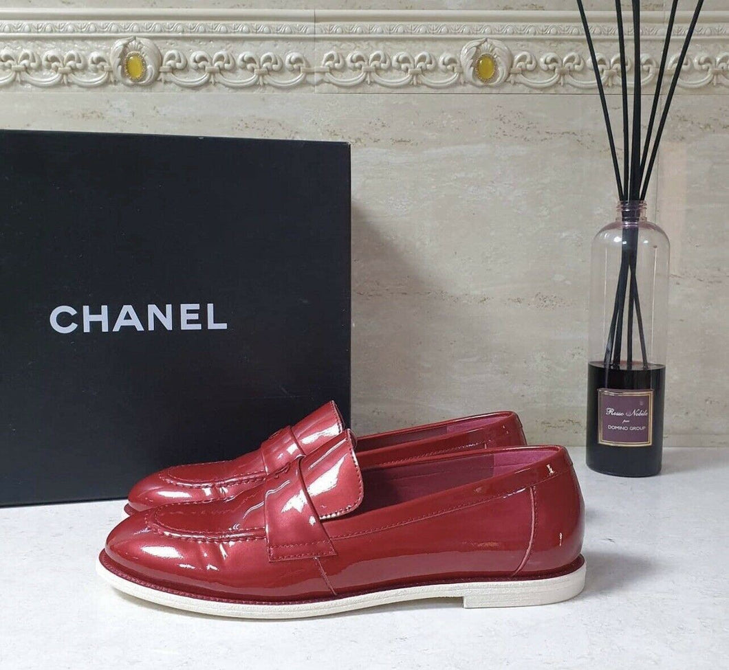 Chanel CC Logo Red Patent Leather Loafers Shoes Sz 38 - LuxyBrand