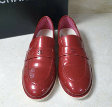 Load image into Gallery viewer, Chanel CC Logo Red Patent Leather Loafers Shoes Sz 38 - LuxyBrand
