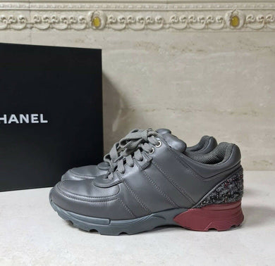 CHANEL CC LOGO Grey Leather Tweed  Sneakers Sz.38 - LuxyBrand