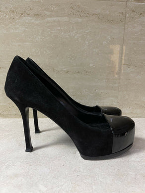 Yves Saint Laurent Tribtoo Cap Toe Black Heels Sz.37.5 - LuxyBrand