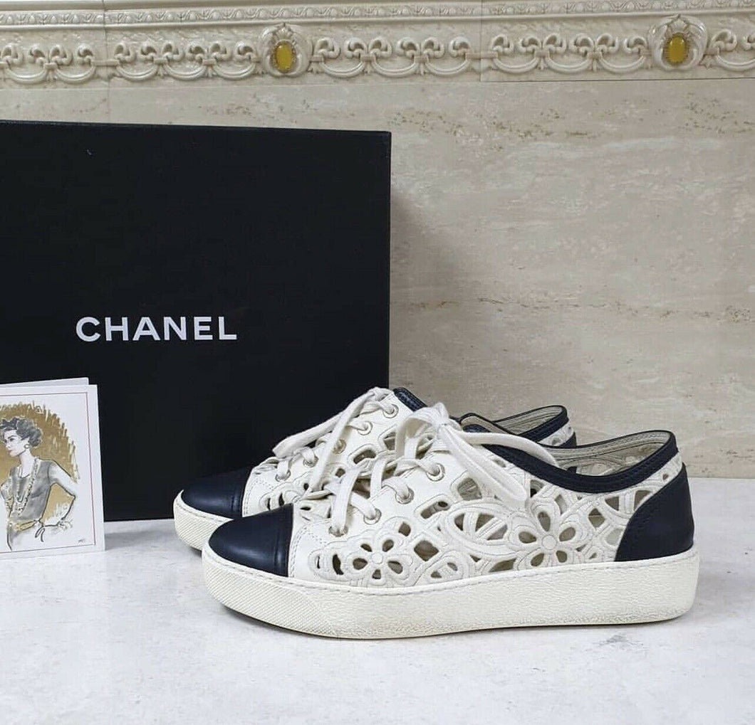 Chanel Black White Cut Out Perforated Flowers Leather Sneakers Sz.37,5 - LuxyBrand