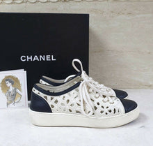 Load image into Gallery viewer, Chanel Black White Cut Out Perforated Flowers Leather Sneakers Sz.37,5 - LuxyBrand
