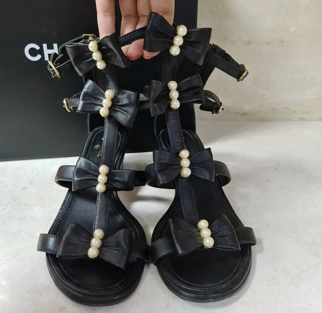 Chanel Camellia Pearl Black Leather Heels Sandals Size 37,5 - LuxyBrand