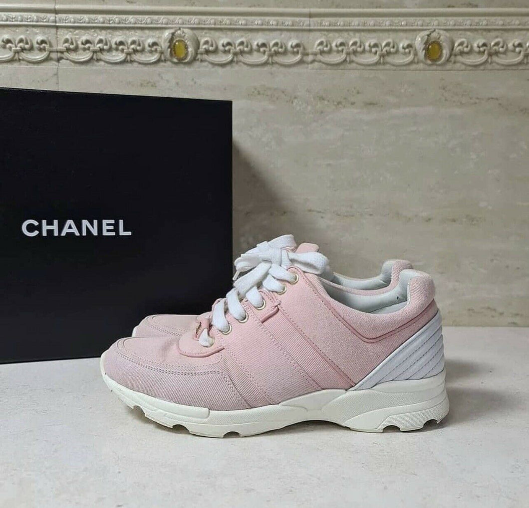 CHANEL Pink Leather Satin Sneakers Sz.38