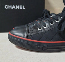 Load image into Gallery viewer, CHANEL Black Red CC Logo Textile Leather Sneakers Trainers Sz.38,5 - LuxyBrand
