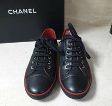 Load image into Gallery viewer, CHANEL Black Red CC Logo Textile Leather Sneakers Trainers Sz.38,5 - LuxyBrand
