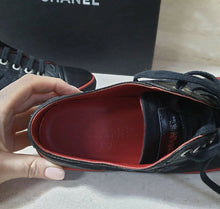 Load image into Gallery viewer, CHANEL Black Red CC Logo Textile Leather Sneakers Trainers Sz.38,5 - LuxyBrand
