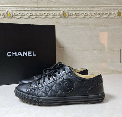 CHANEL Black CC Logo Textile Leather Sneakers Trainers Sz.38,5 - LuxyBrand