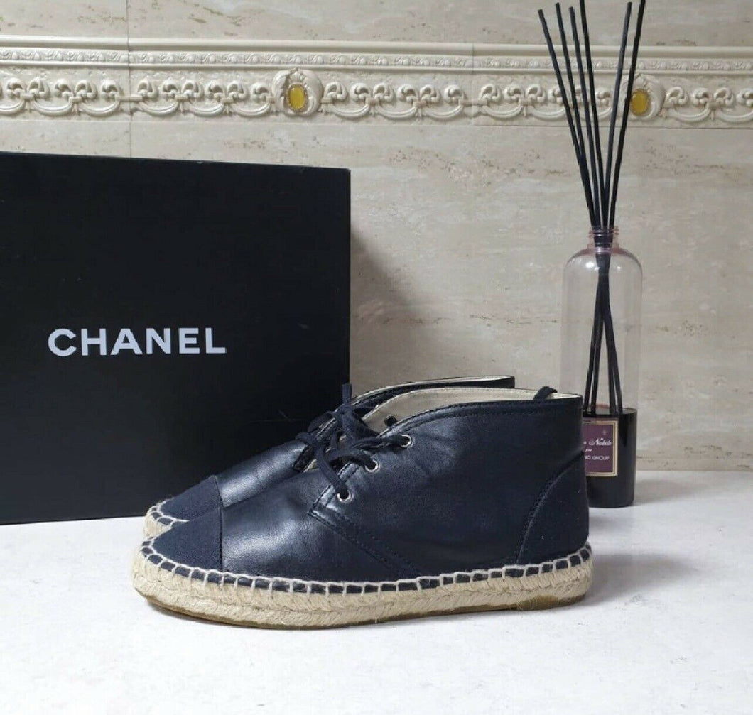 Chanel Black Leather CC Logo Espadrilles Size 37