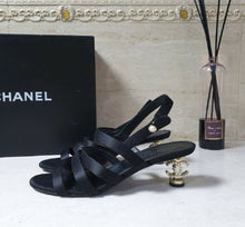 Load image into Gallery viewer, Chanel Satin Pearl CC Heeled Sandals Size 39
