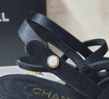 Load image into Gallery viewer, Chanel Satin Pearl CC Heeled Sandals Size 39
