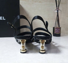 Load image into Gallery viewer, Chanel Satin Pearl CC Heeled Sandals Size 39
