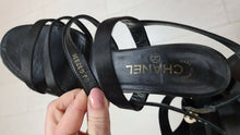 Load image into Gallery viewer, Chanel Satin Pearl CC Heeled Sandals Size 39
