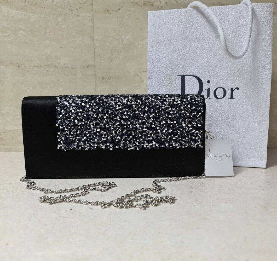 NWOB Christian Dior Satin Sequins Chain Crossbody Clutch Bag