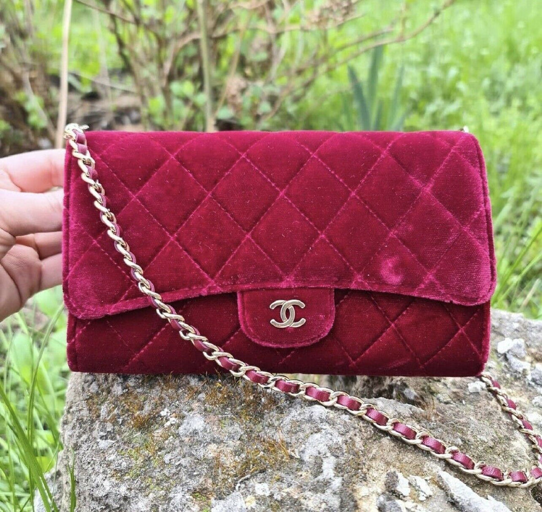 Chanel Burgundy Quilted Velvet Mini Classic Flap Bag