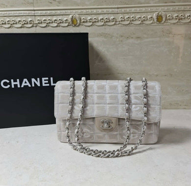 Chanel Classic Flap Travel Line Cc Logo Jacquard 7137 Beige Nylon Shoulder Bag - LuxyBrand