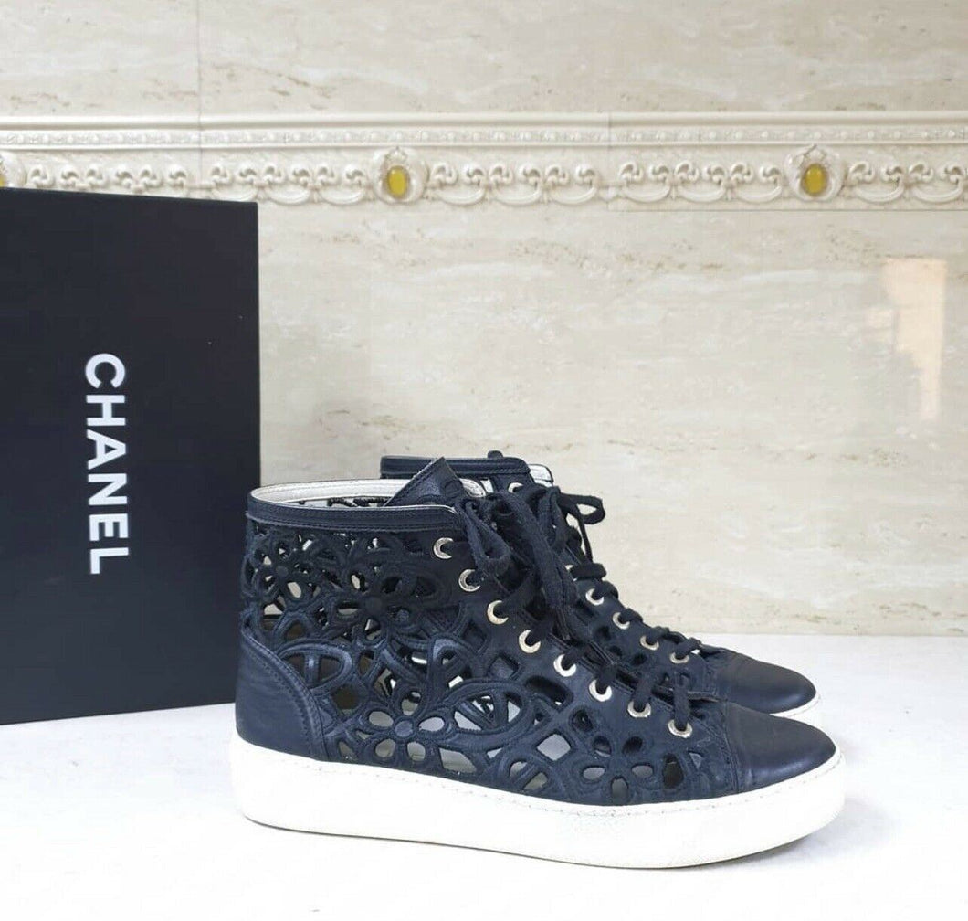 Chanel Black Cut Out Perforated Flowers Leather High Top Sneakers Sz.39 - LuxyBrand