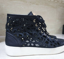 Load image into Gallery viewer, Chanel Black Cut Out Perforated Flowers Leather High Top Sneakers Sz.39 - LuxyBrand
