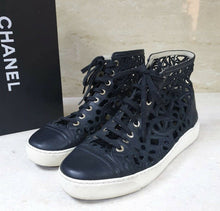 Load image into Gallery viewer, Chanel Black Cut Out Perforated Flowers Leather High Top Sneakers Sz.39 - LuxyBrand
