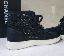 Load image into Gallery viewer, Chanel Black Cut Out Perforated Flowers Leather High Top Sneakers Sz.39 - LuxyBrand
