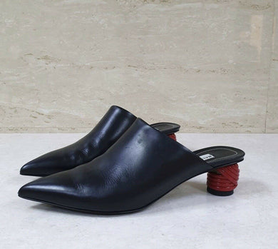 Balenciaga Black Leather Red Cord Wrapped Heels Mules Sz.37 - LuxyBrand