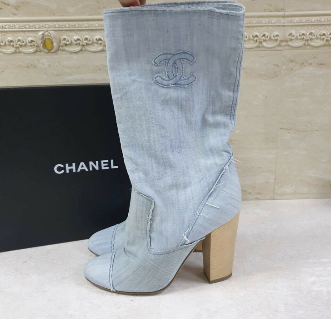 Chanel CC Logo Blue Denim Summer Boots Size 39 - LuxyBrand