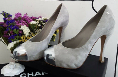 CHANEL Grey Suede Silver Toe Heels Shoes Sz.39,5 - LuxyBrand