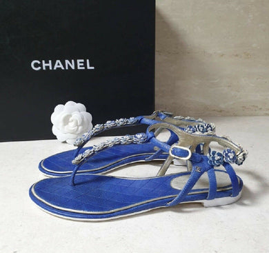 Chanel Blue Leather Camellia Pearl Flat Sandals Size 37 - LuxyBrand