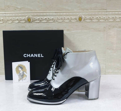 Chanel Gray Black Patent Leather Lace Up Boots/Booties Sz.40 - LuxyBrand