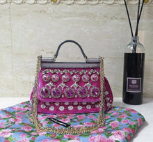 Load image into Gallery viewer, Dolce &amp; Gabbana pink velvet crystal embellished sicily bag - LuxyBrand
