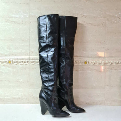 SAINT LAURENT Niki Black Leather Knee Boots Sz. 36 - LuxyBrand