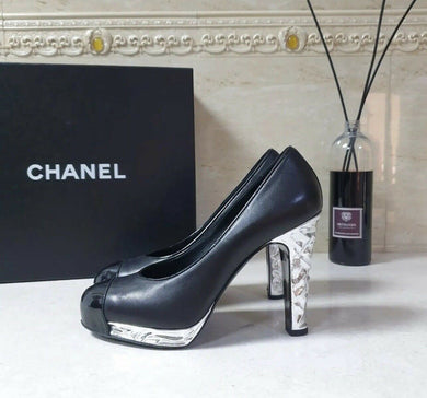 CHANEL Black Leather Silver Platform Heels Shoes Sz.39 - LuxyBrand